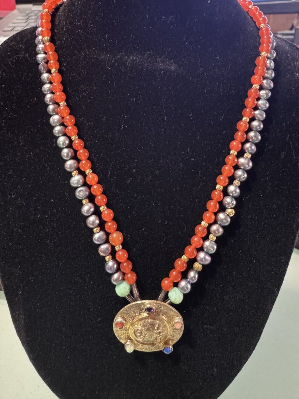 Vintage Double Strand Gemstone Beaded Necklace with an Embossed Pendant 16"